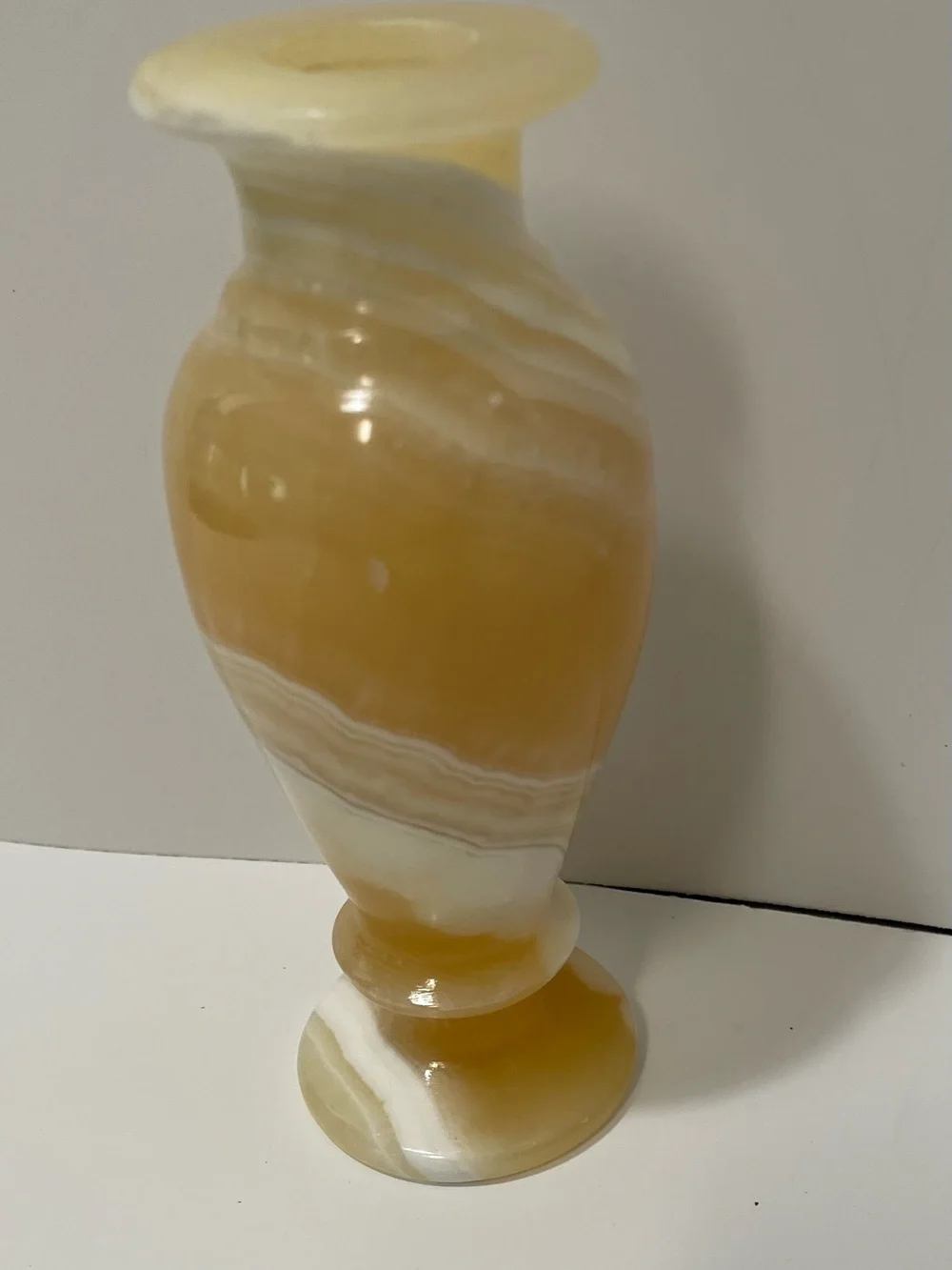 Alabaster Stone Candle Stick 6” Tall Carved Yellow And White Natural Elements